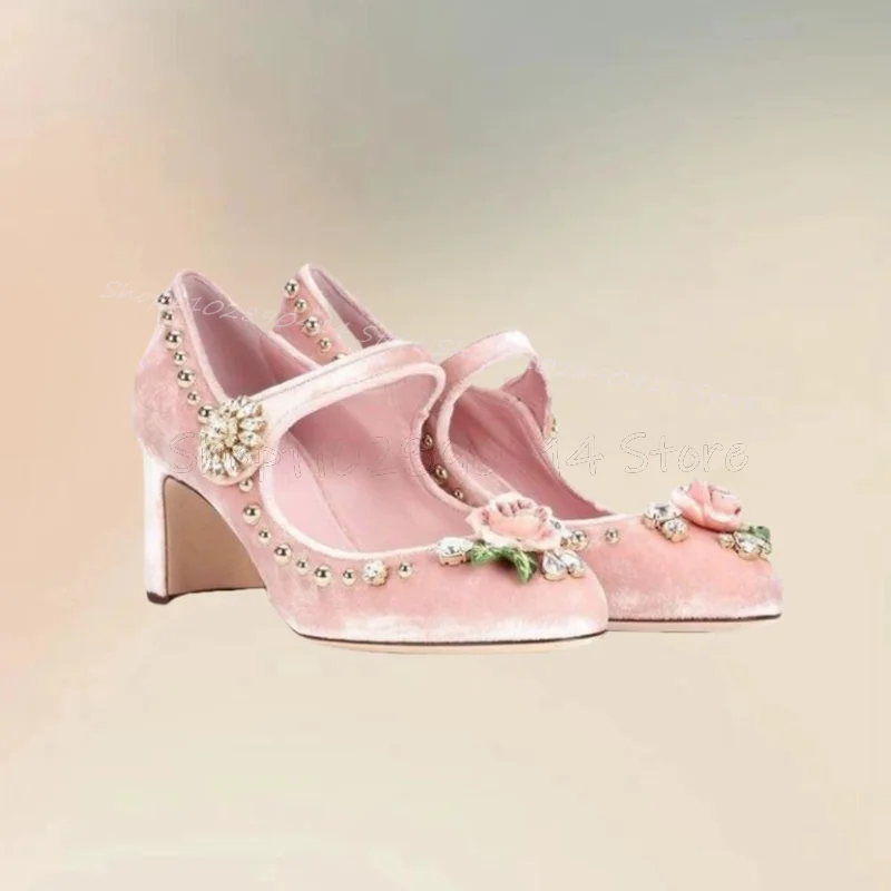 Pink Appliques Crystal Corduroy Pointy Toe Pumps Ankle Buckle Strap Women Shoes Chunky High Heels Party 2024 Zapatos Para Mujere