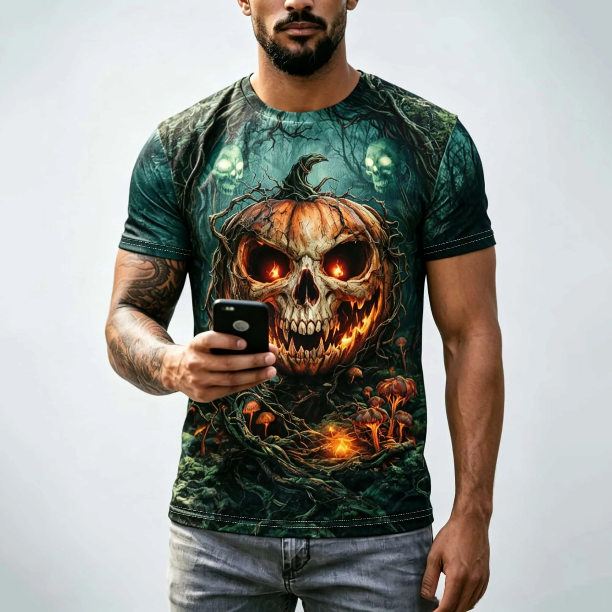 Cool Halloween Scary Skull Pumpkin Dark Forest 3D Graphic Men Short Sleeve T‑Shirt Spooky Party Casual Tops
