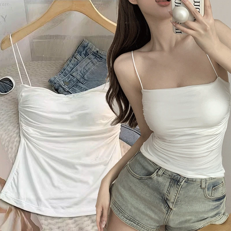 Summer Women\'s White Top Sleeveless Thin Straps Camisole Solid Color Tank Top with Cups Summer Ice Silk Comfortable Sling