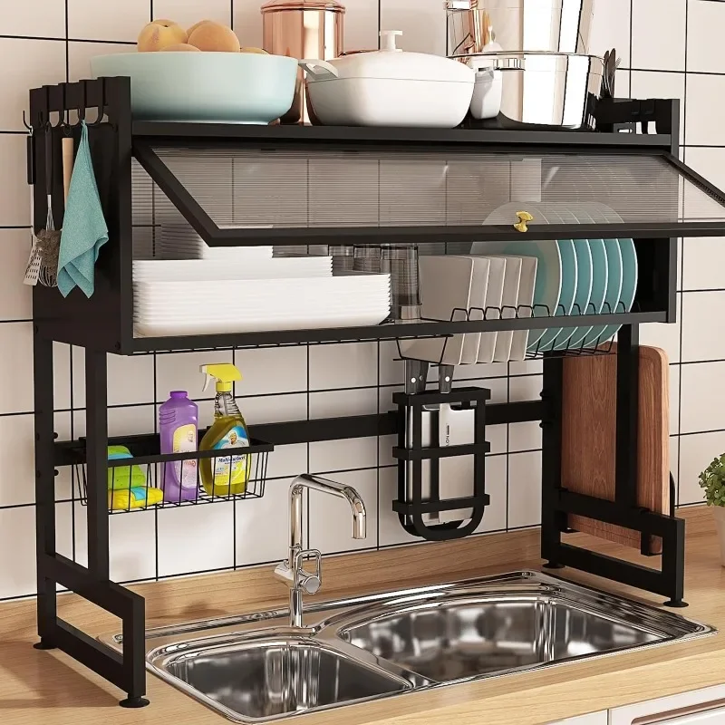 

Dish Drying Rack, Large Stainless Steel Over The Sink 2 Tier Dish Rack with Cover for Kitchen (Black, Middle 33.46 Length)