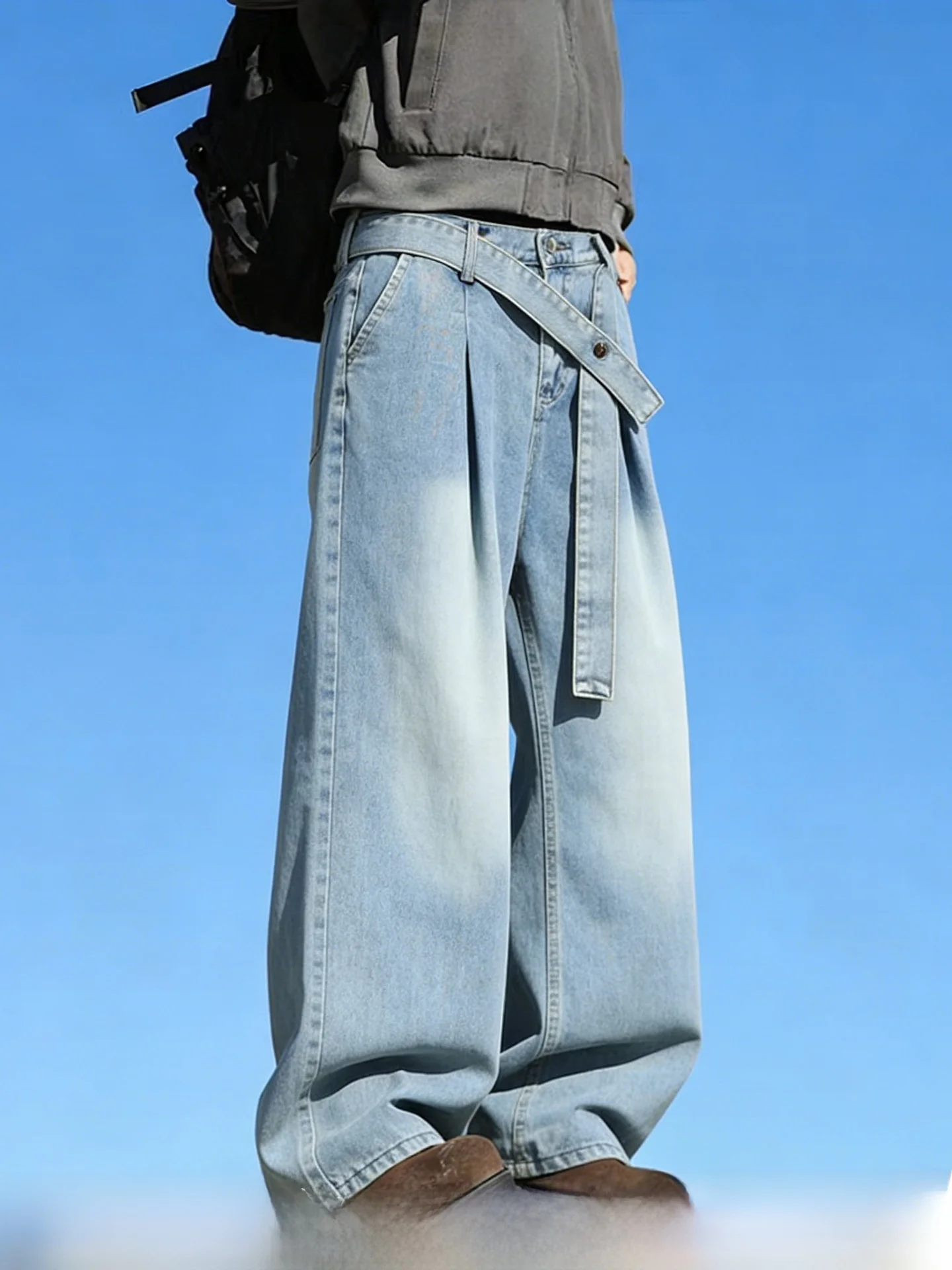 

American Retro Washed Denim Jeans Men Loose Straight Leg Spring New Trendy Brand Handsome Loose Wide Leg Pants Men