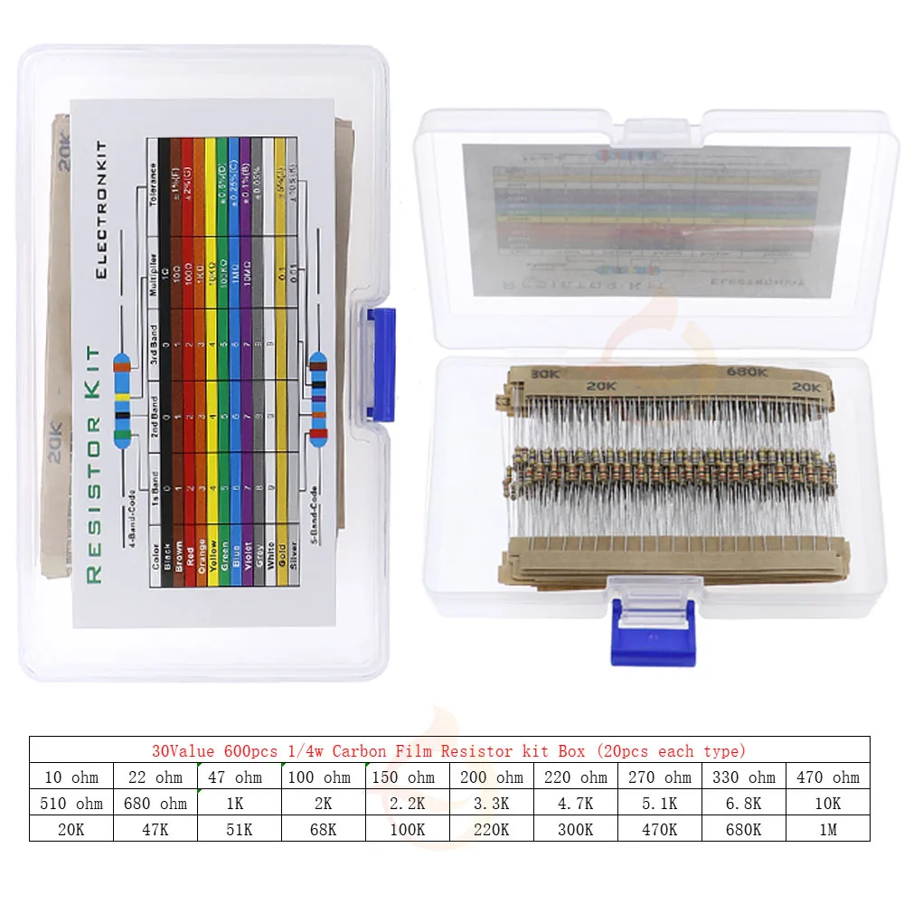 Kit de Resistor de Filme de Carbono Sortido com Caixa, 1/8W, 1/4W, 1/2W, 1W, 2W, 3W, 5W, 5% 0 Ohm, 10m, ohm, 1K, 2K, 5,1 K, 10K, 47K 100K 220K 470K