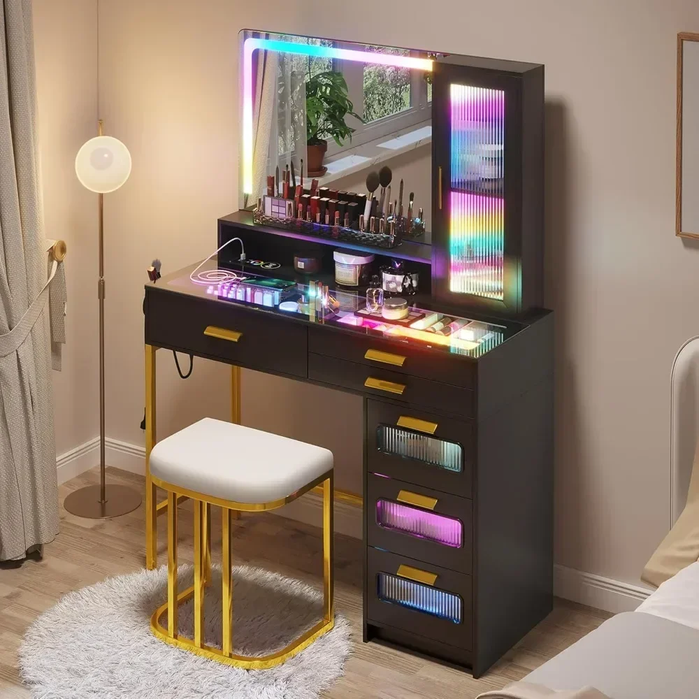 Vanity with Mirror and LED Lights, Glass Top Vanity Desk with Charging Station, Makeup Table Set with Stool Makeup Organizer