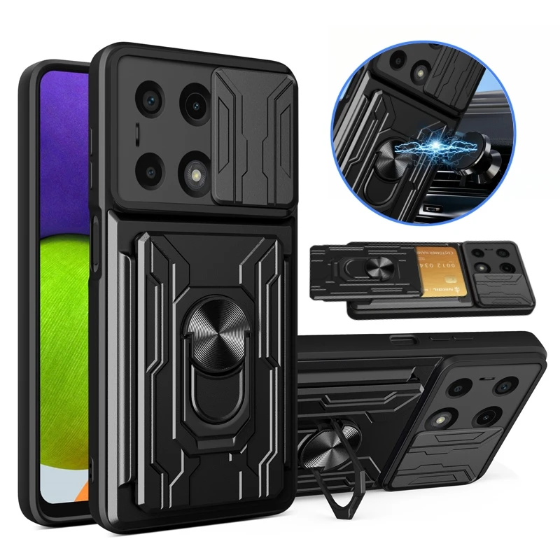עבור xiaomi poco m6 pro 4G במקרה של מגנט מחזיק טבעת שריון טלפון עבור poko קטן מ 6 pro כרטיס חריץ בחזרה חריץ כרטיס