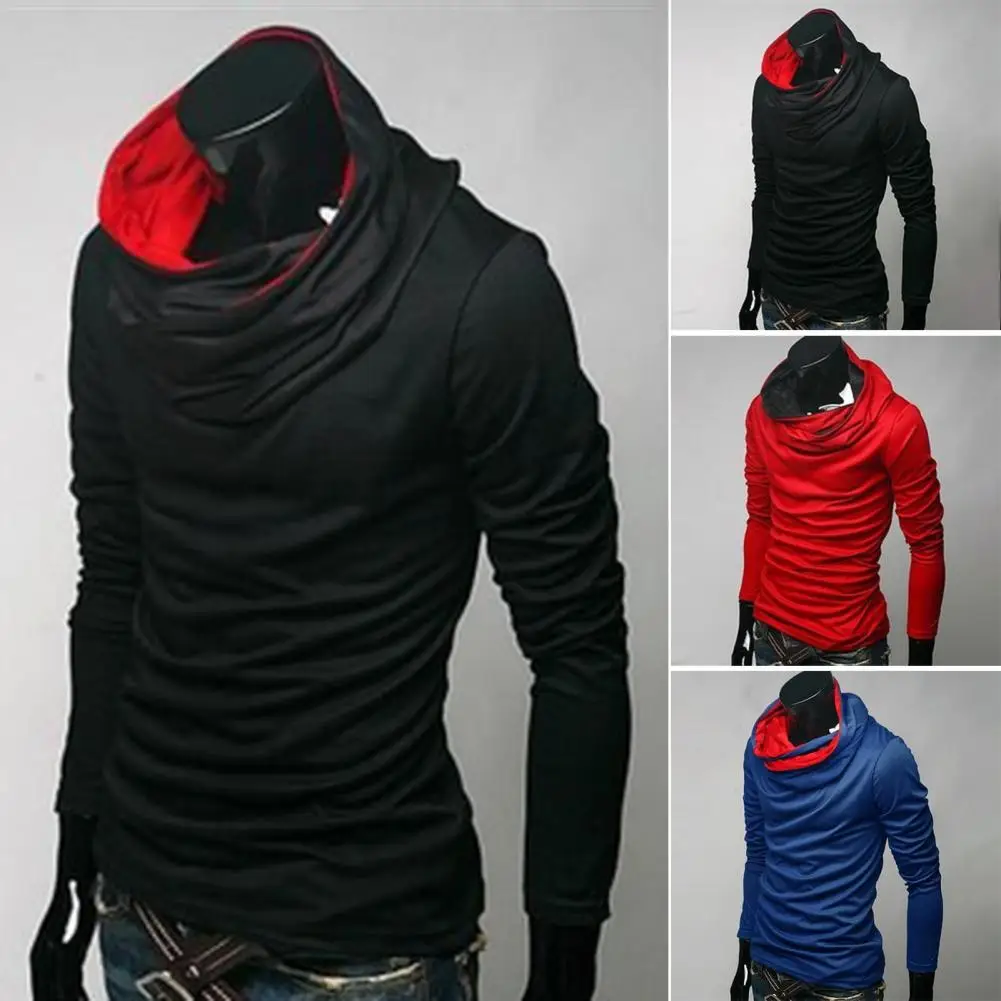 Stand-up Collar Top Men's Stand-up Collar Hooded Slim Fit Tee Shirt with Patchwork Color Long Sleeve High Elastic Pullover