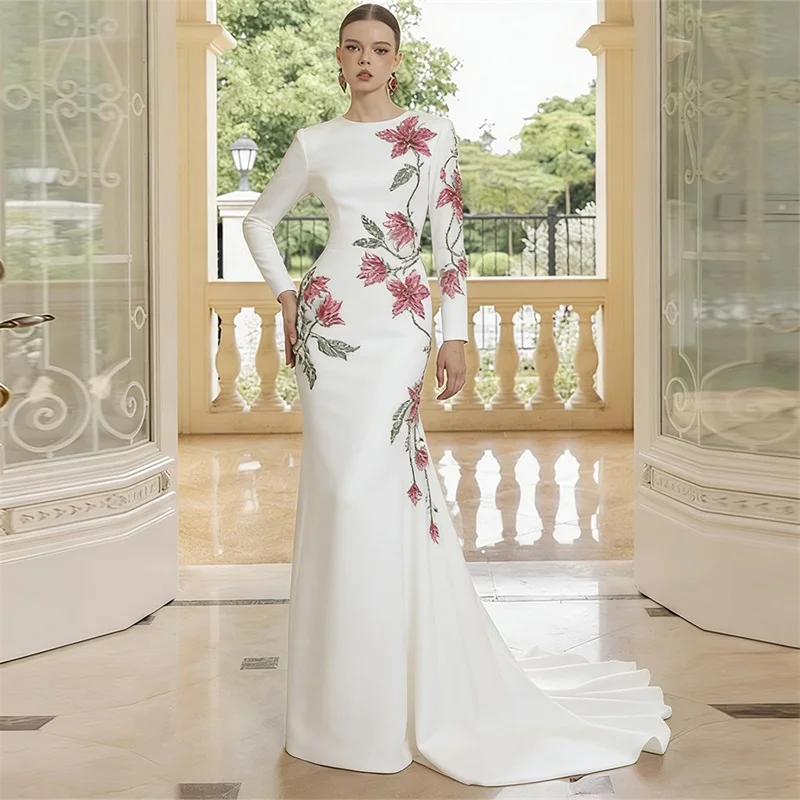 Flower Crystals Luxury Prom Dress Elegant Full Sleeves White Black Sheath Party Gown Formal Wedding Guest Birthday Evening Robe