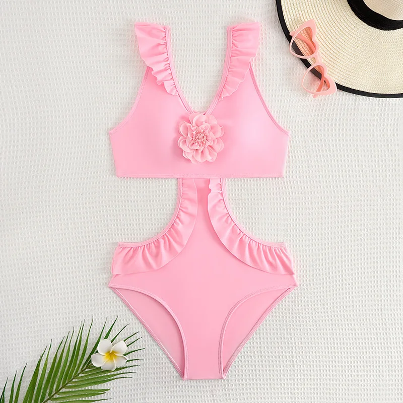 2025 Ruffle Girls Swimsuit One Piece Pink Kids 3D Floral Swimwear Children's Bathers Bathing Swimming Swim Suit Summer Beachwear