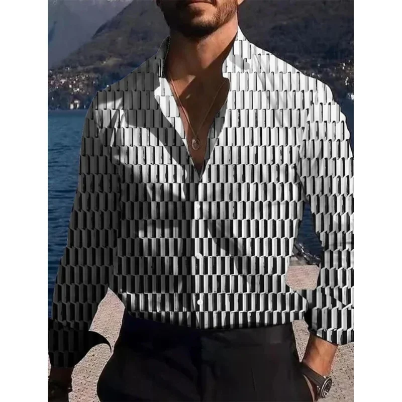 Men's Shirt Pattern Printing Geometric Fold Green Outdoor Street Long Sleeved Printed Clothing Fashion Street Clothing Designer