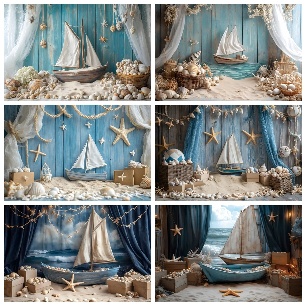 Underwater Pirate Backdrop Blue Ocean Wood Board Treasure World Sea Star Shell Sailboat Kids Boy Birthday Party Decor Background