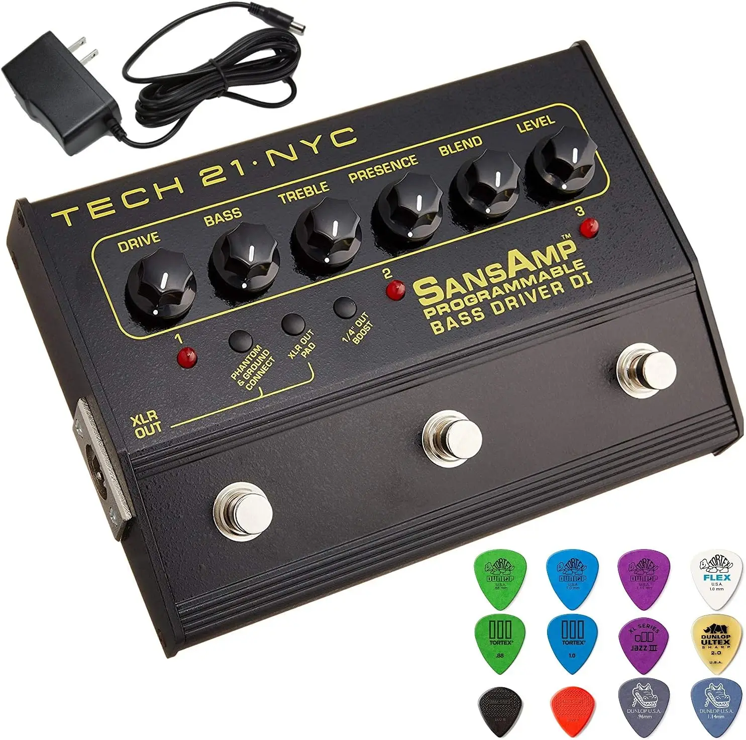 Tech 21 Pbdr Sansamp Programmable Bass Driver Di Bundle With Power Supply And Dunlop Pick Pack