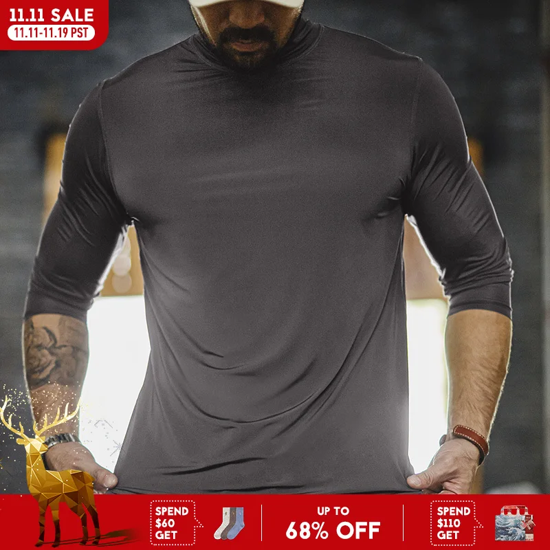 

Maden Men's Mock Neck Long Sleeve Tee Slim Fit Stretch Layering Shirt Gray Workout Basic T-shirt for Spring and Fall Underwear