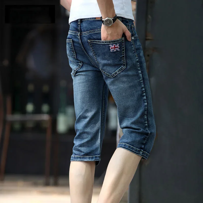 Summer 2021 Fashion Thin Cropped Pants Embroidery Flag Patch Clothes For Teenagers Slim Stretch Denim Calf Length Jeans For Men