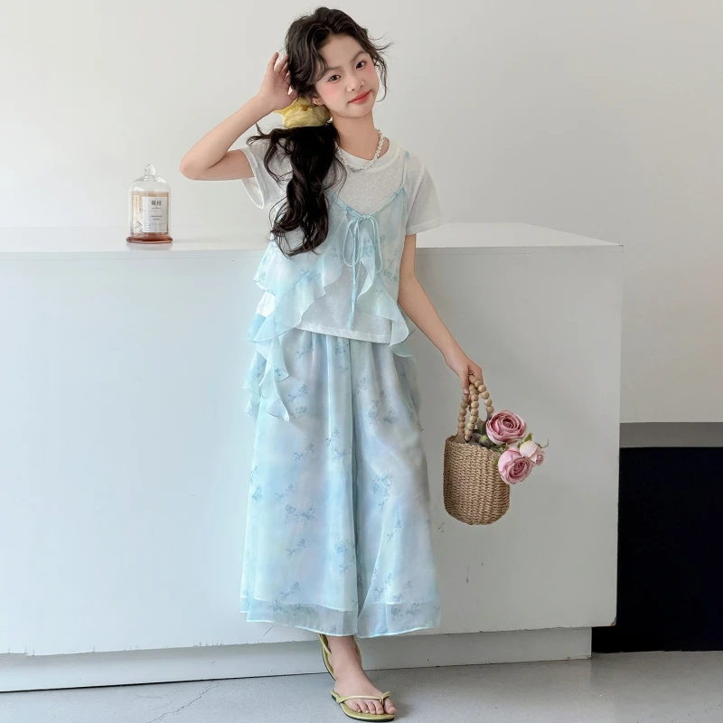 Girls 3Pcs Summer Outfit Set: Short Sleeve T-Shirt + Ruffled Cami Top + Maxi Skirt, Casual Blue Floral Chiffon Set for Kids 6-14