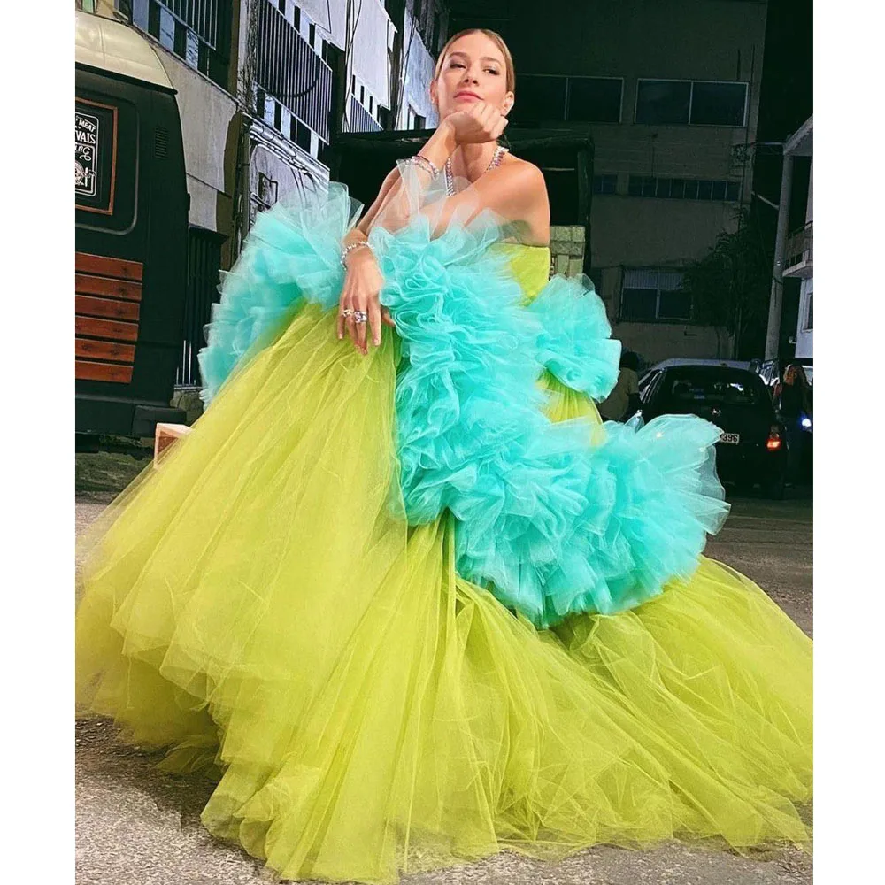 Couture Colorful Neon Green Puffy Tulle Long Formal Dresses With Ruffles Trimmed Deatils Strapless Tutu Tulle Maxi Gowns