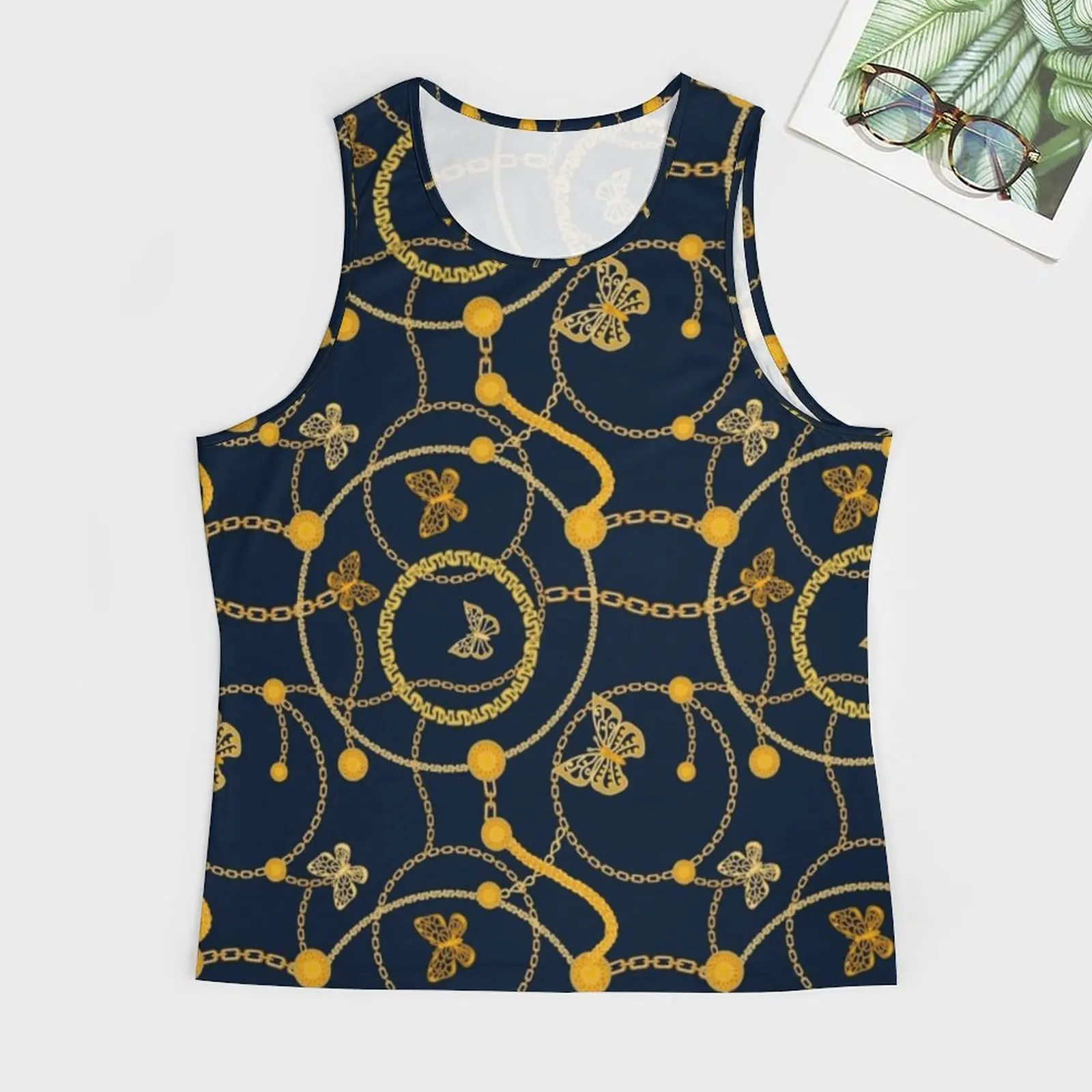 Chain Print Tank Top Men Gold Butterflies Tops Summer Graphic Gym Trendy Oversized Sleeveless Shirts