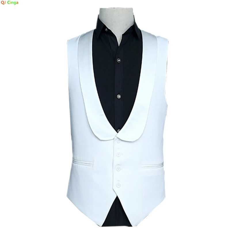 White Men\'s Sleeveless V-neck Vests, Single-breasted Fashion Slim Vest Men Wedding Party Waistcoat,Size M,L,XL,XXL,3XL,4XL