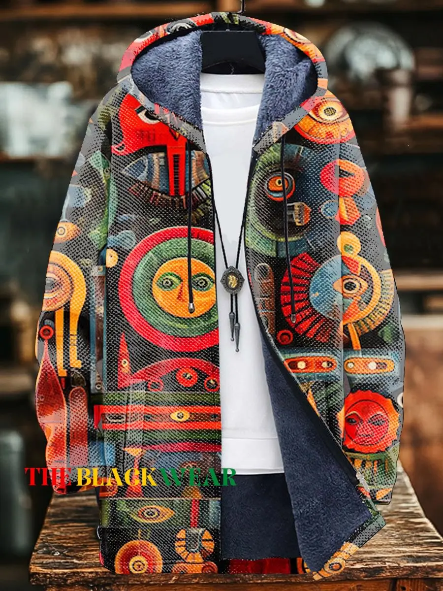 Unisex Colorful Africa Geometric Stripes Art Print Plush Long-Sleeved Cardigan Coat with Hood Fleece Lined Zipper Closure