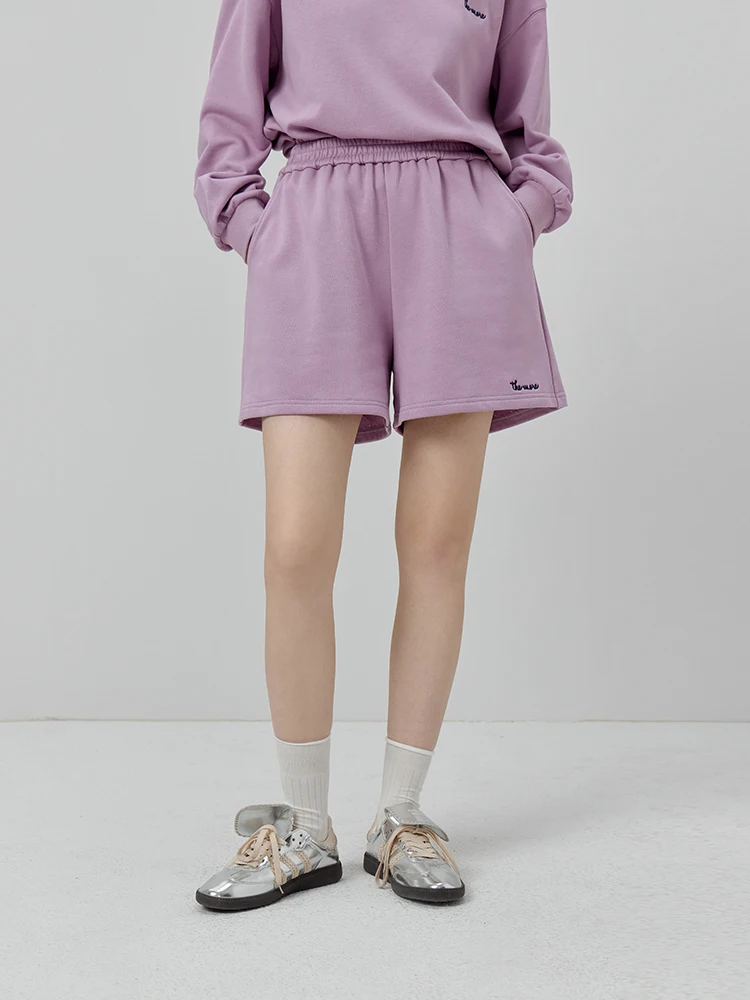 FSLE 100% Cotton Oversized Sweatshirt Shorts Sets Autumn  Round Neck Drop Sleeve Purple Pullovers Women Elastic Waist Shorts