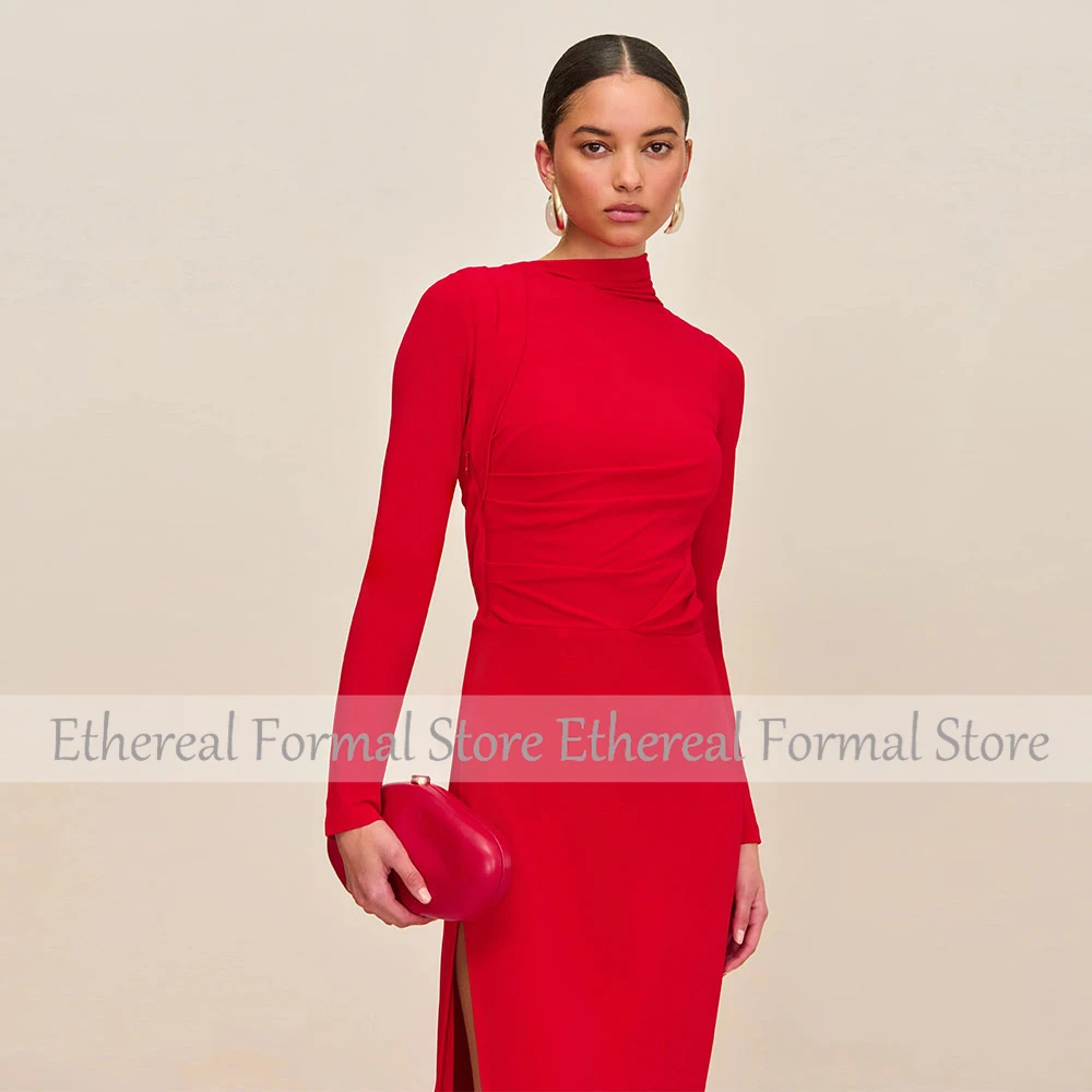 Mermaid Women's Evening Gown Red Evening Dress For Wedding  Long Sleeves  Slit Simple Anekl Length Formal Dresse2025
