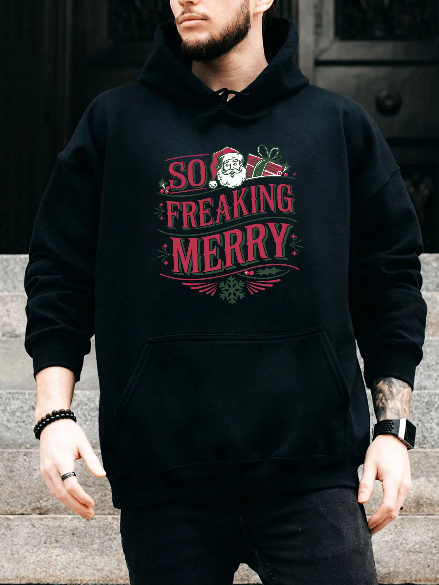 

Мужская толстовка So Freaking Merry на шнурке — повседневный удобный черный пуловер, осенне-зимняя толстовка с капюшоном