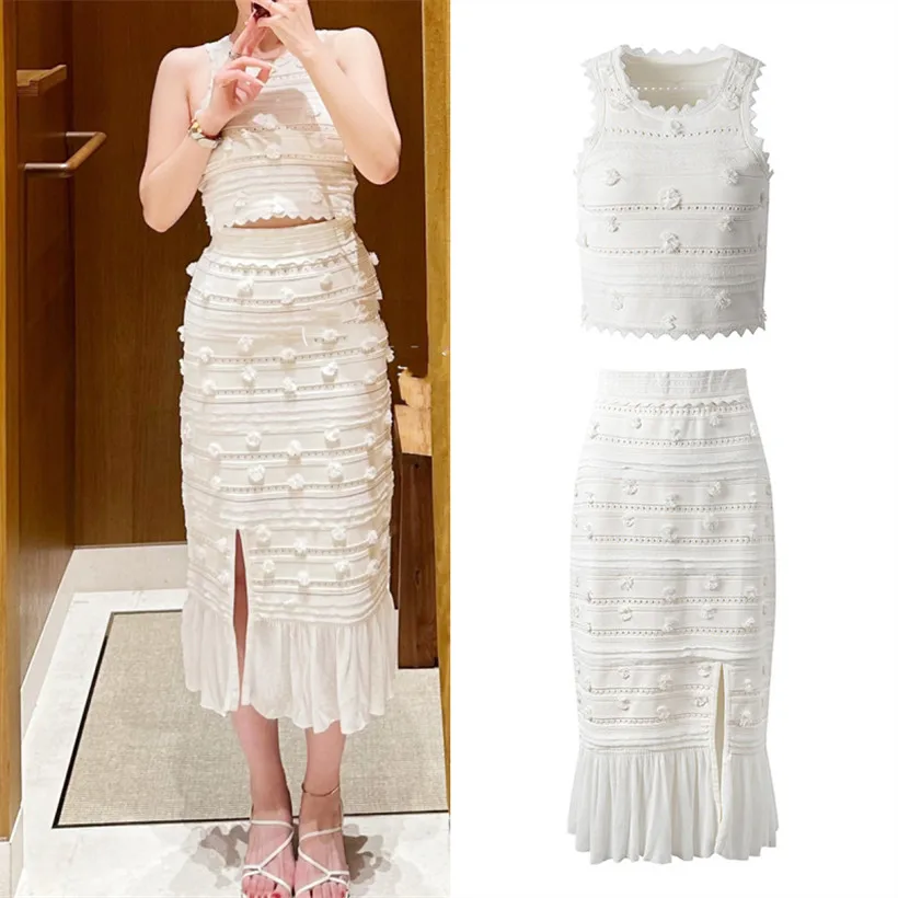 

Высококачественный женский вязаный жилет в европейском стиле на весну и лето, комплект с бархатным шариковым украшением и юбкой с кружевным подолом