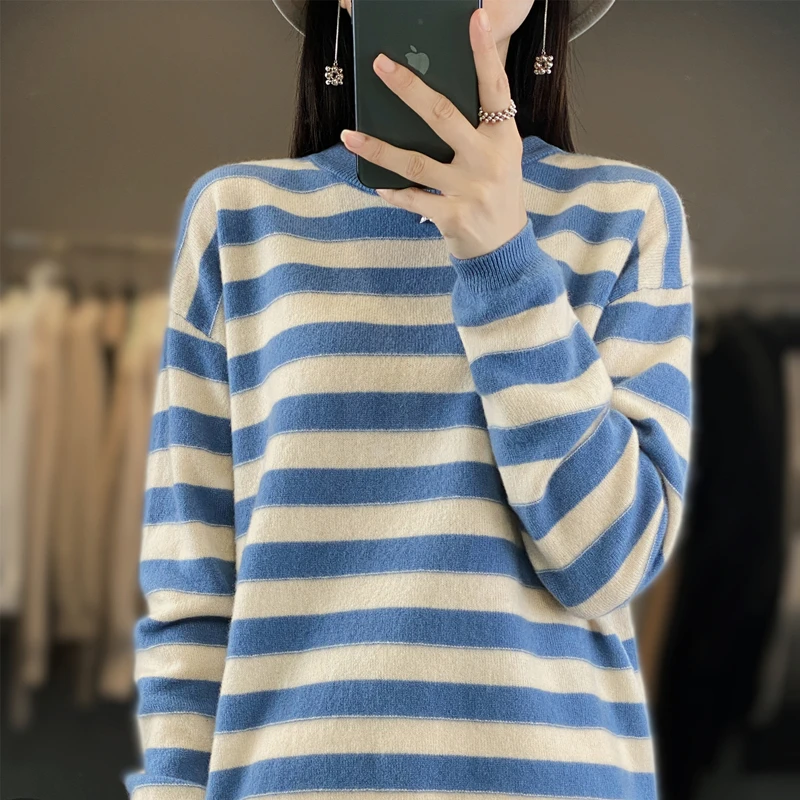 Women Merino Wool Sweater, Round Neck, Strip Pullover, Color Matching, Casual Knitted, Bottoming Tops, Spring, Autumn, New Soft