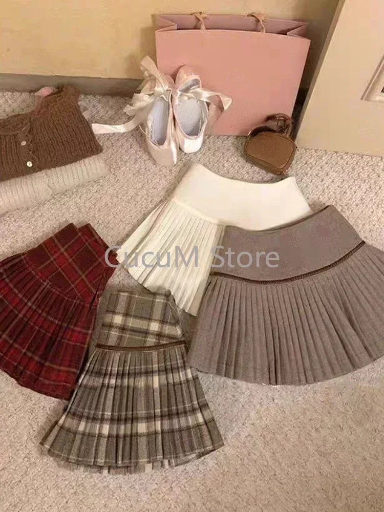 Japanse stijl retro pittig meisje geruite plooirok herfst winter college stijl wollen minirok hoge taille zoete kawaii rok