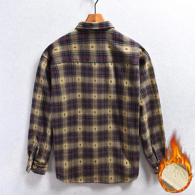 Z227 Men\'s Plaid Fleece Casual Shirt Autumn Winter Multi Pockets Fashion Loose Long Sleeve Tops Vintage Simple Cozy Male Blouses