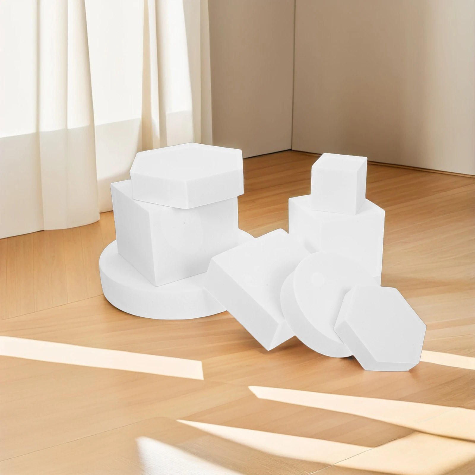 

8pcs Geometric Ornament Set White Photo Props Foams Cube Decorative Blocks for Jewelry Cosmetics Display