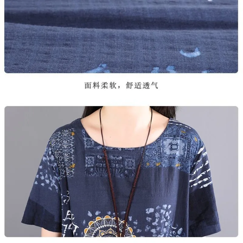 Simplicity Versatile Summer Cotton Hemp Women's Round Neck Printing Pocket Fashion Casual Loose Short Sleeve Mid-length Dresses