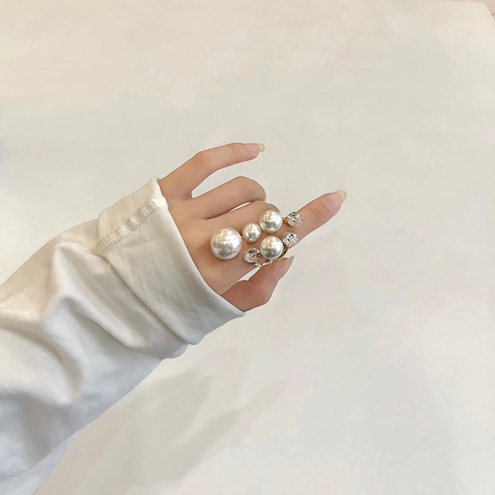 Retro Korean Jewelry Lady Oversize for Women Multi Pearl Rings Shiny Crystal Irregular Finger Rings Open Rings