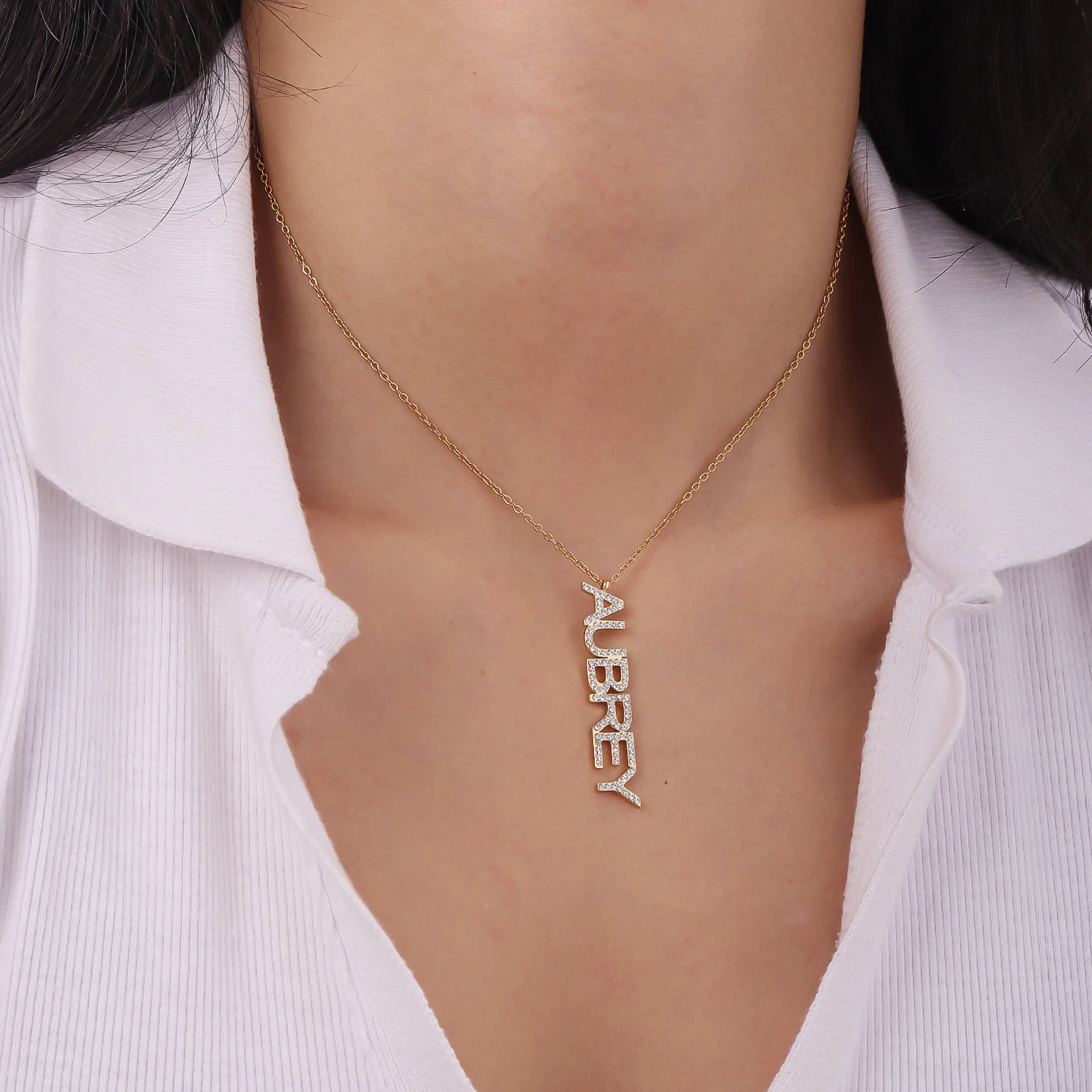 

Vertical Custom Name Necklace Zirconia Luxury Pendant 18k Gold Plated Stainless Steel Personalized Anniversary Gift for Girls