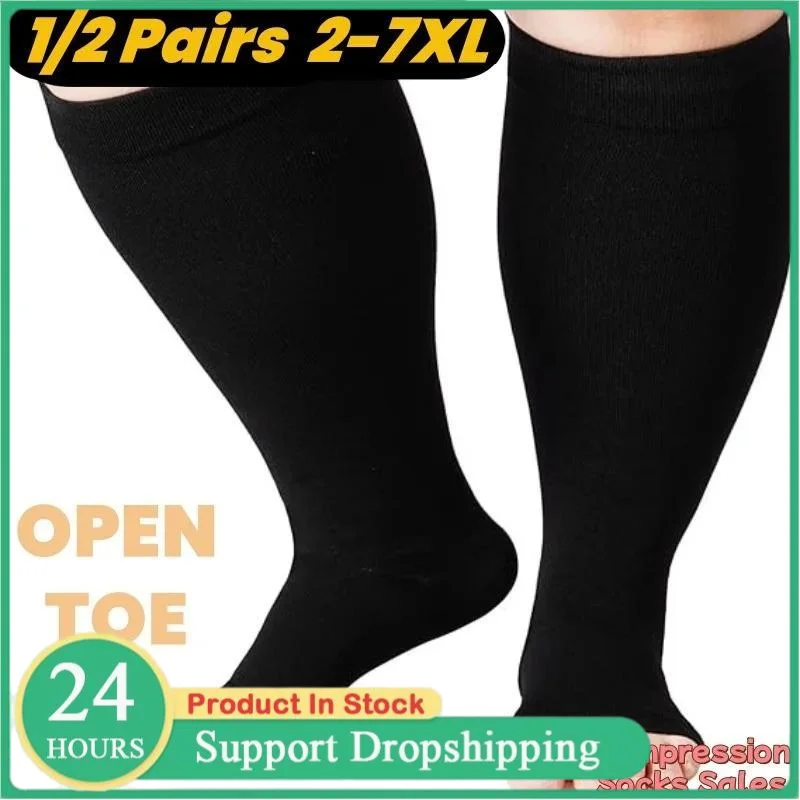1/2 Paar Kompressionsstrümpfe in Übergröße, offene Zehenpartie, Kompression 15–20 mmHg, breite Wade, kniehohe Zehenlose Socken für Damen und Herren, 2XL-7XL