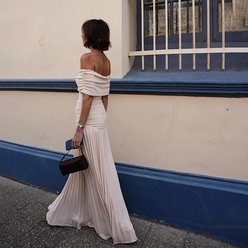 Candyhot Slash Neck Elegant Off Shoulder Solid Bodycon Dress Pleated Sleeveless Slim Maxi Dresses Y2K Fall Lady Evening Vestidos
