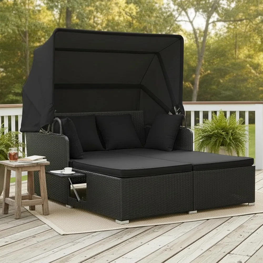 

Patio Rattan Daybed with Retractable Canopy, Outdoor Wicker Sunbed Lounger with 2 Foldable Side Tables, Thick Seat, Customized