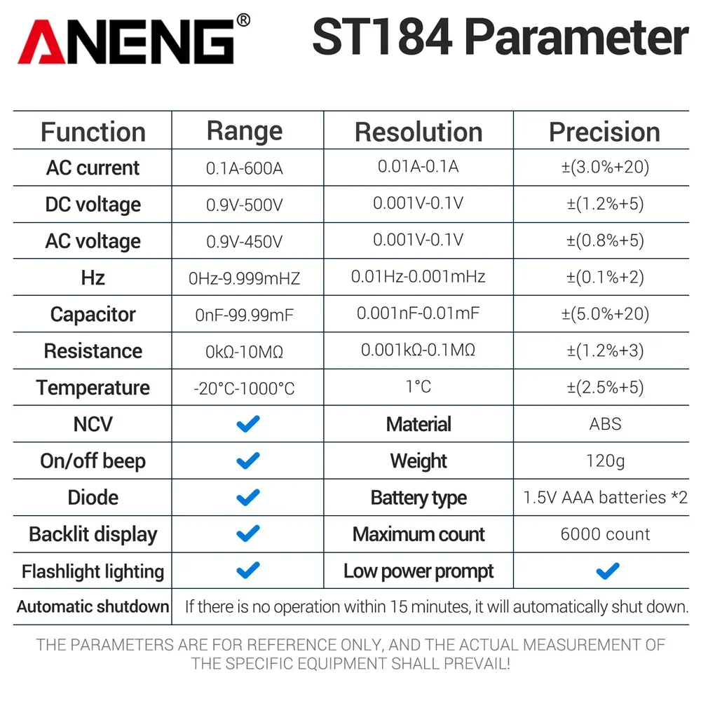 ANENG Clamp Multimeter Digital ST184 Professional 6000 Counts High Precision True RMS Voltmeter Ammeter Repair Electrician Teste