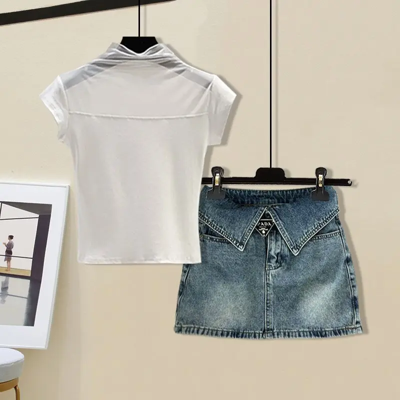 Summer Set Women's 2024 New Korean Round Neck Short Sleeved Top+Age Reducing Denim Skirt Two Piece Set Fashion