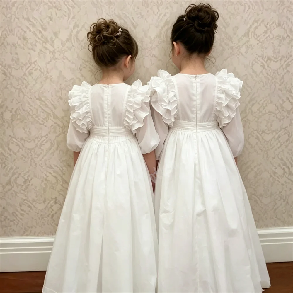 Puffy Balloon Sleeve A-LINE Pink Flower Girl Princess Dress Wedding Ruffles Bridesmaid Birthday Party Piano Performance Gown