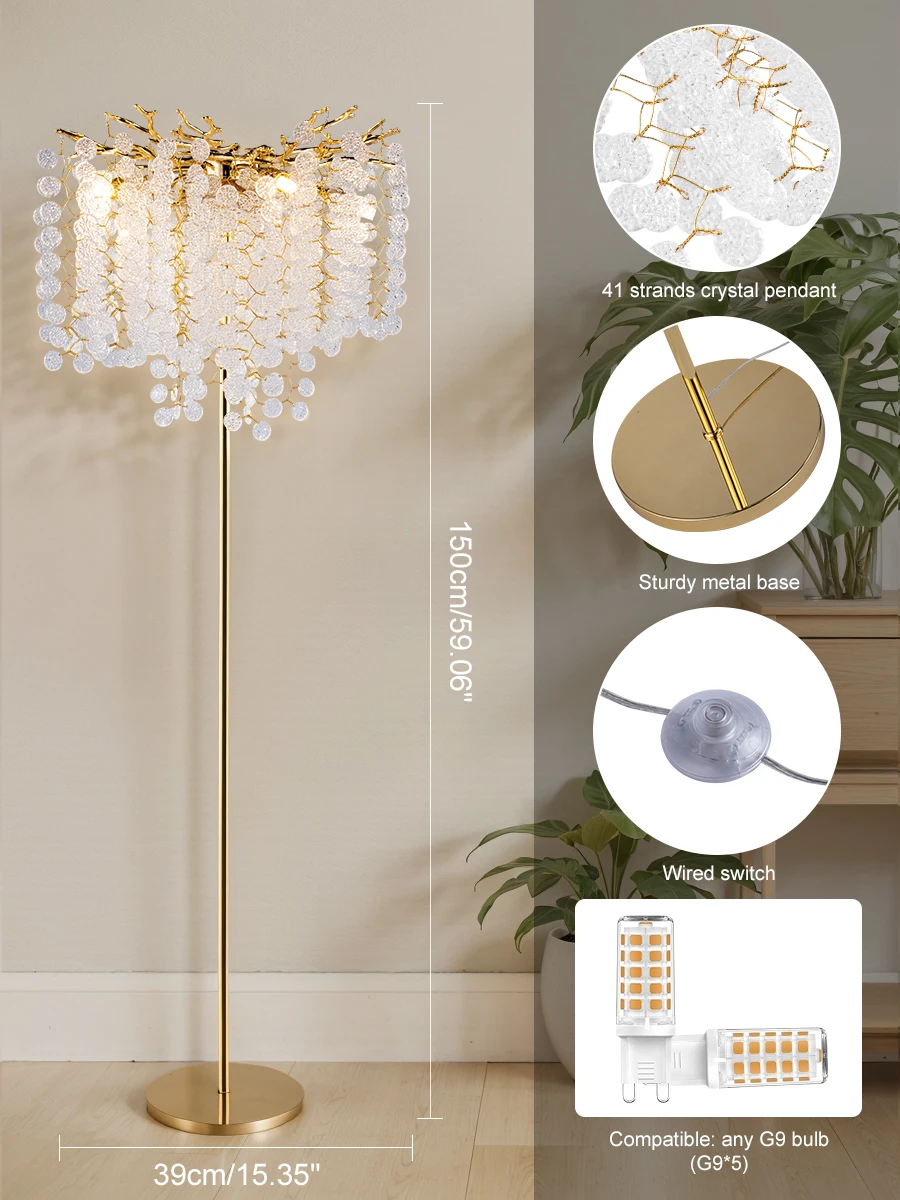 Lámpara de pie de cristal de lujo nórdica: luz de soporte LED dorada moderna para sala de estar y dormitorio | Luminaria de decoración interior