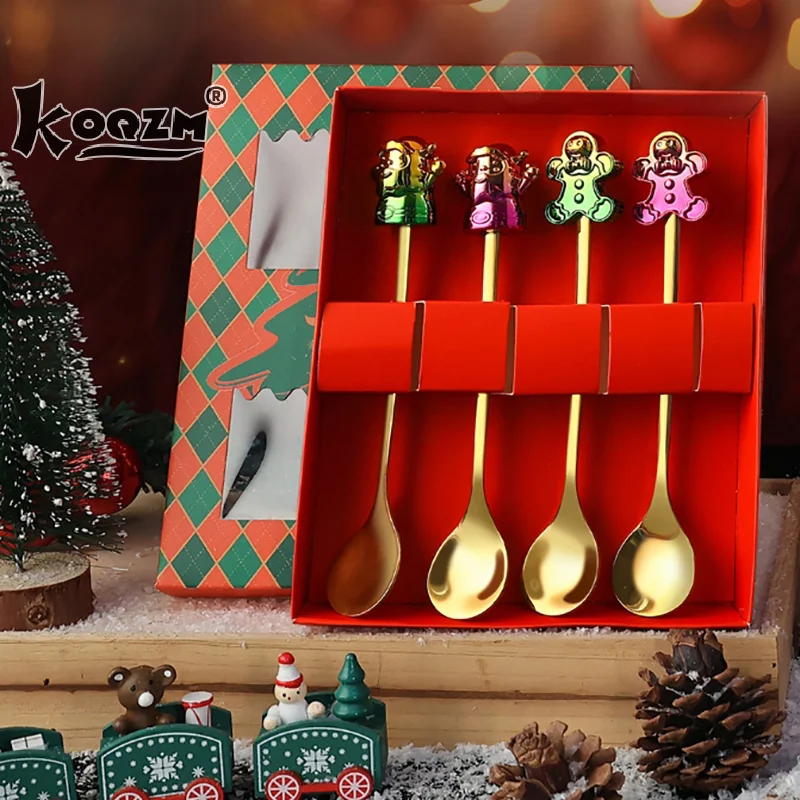 Set Stainless Metal Christmas Tableware Glitz Doll Coffee Dessert Spoon Fruit Fork Xmas Gifts Decor Santa Claus Decoration Spoon