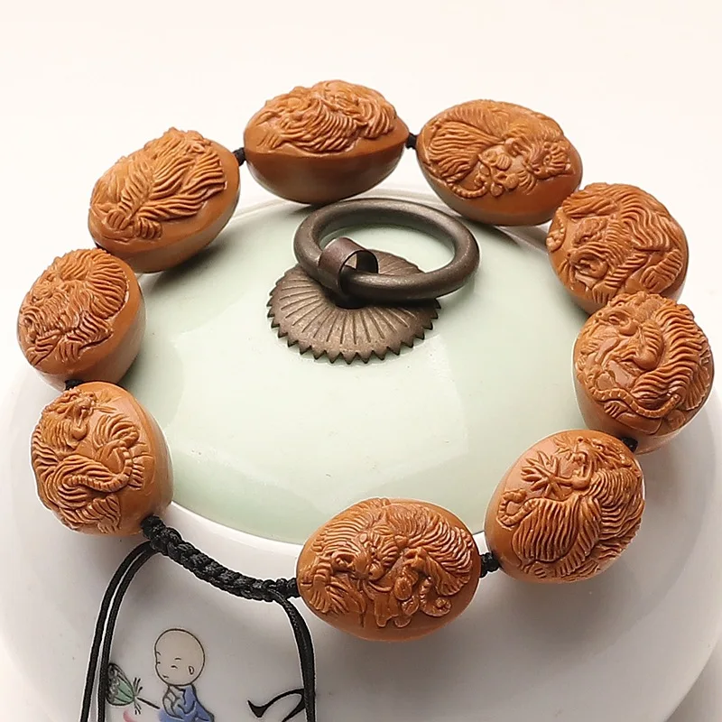 Hand Carved Single Side Olive Pit Bracelet Smooth Relief Tiger Roaring in Mountain Forest Zodiac Tiger Power Gifts