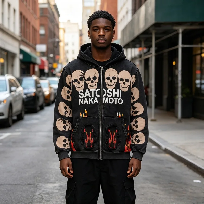 Satoshi Nakamoto street-style vintage torn and washed distressed flame-patterned skull-print zip-up hooded sweatshirt
