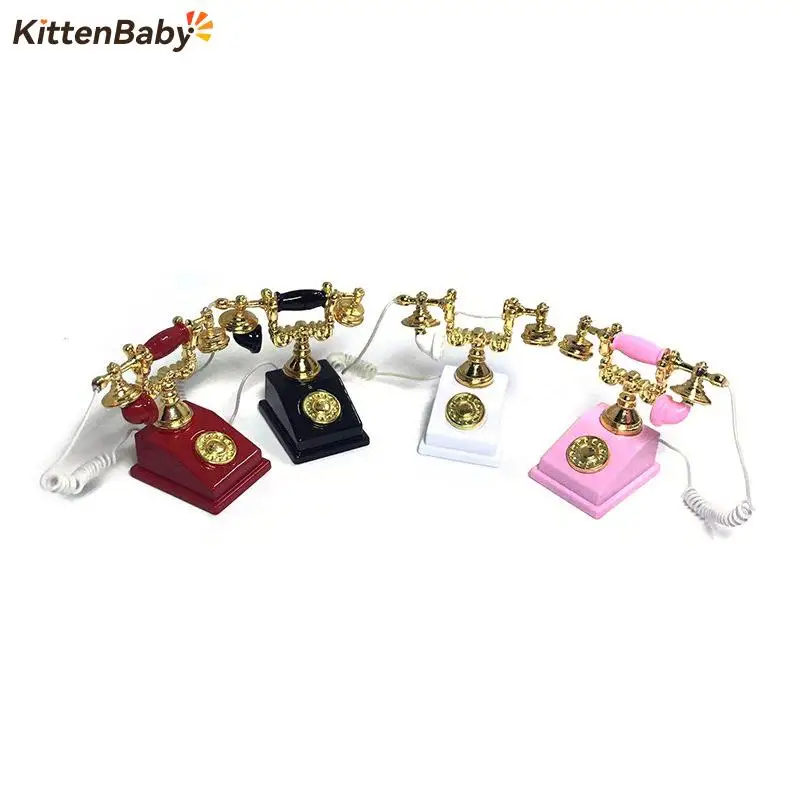 1:12 Miniature Phone Model Alloy/Plastic Vintage Retro Rotary Telephone Dollhouse Decoration Accessories