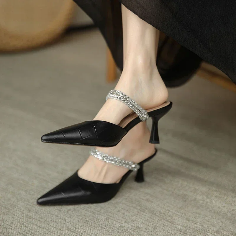 2024 New Women's Summer Slim Heel Pointed High Heel Rhinestone Slippers  Women heels luxury women's shoes Hongyang9001