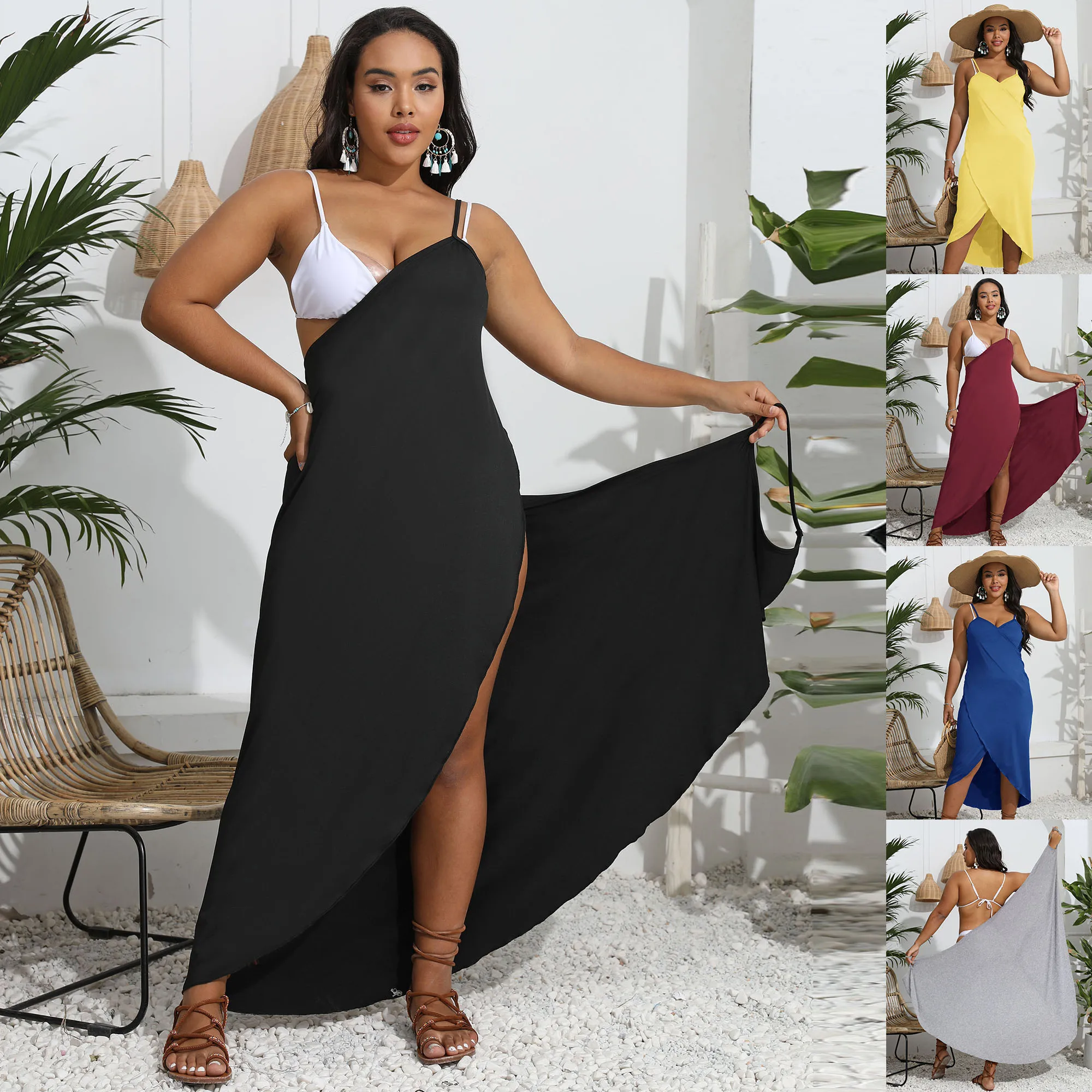 DIY Fat Women Dresses 2023 Summer Dress Large Size Warp Swimsuit Cover Up Solid Black Beach Outfits for Woman Large Big 4XL -L