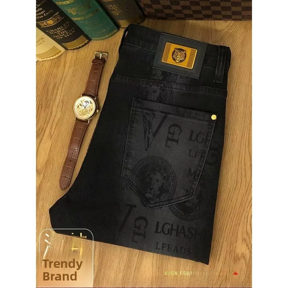 

New Bla Slim Fit Men's Jeans Summer Thin Elastic Trendy Brand European Sle k Flower Pattern Stretch Long Pants