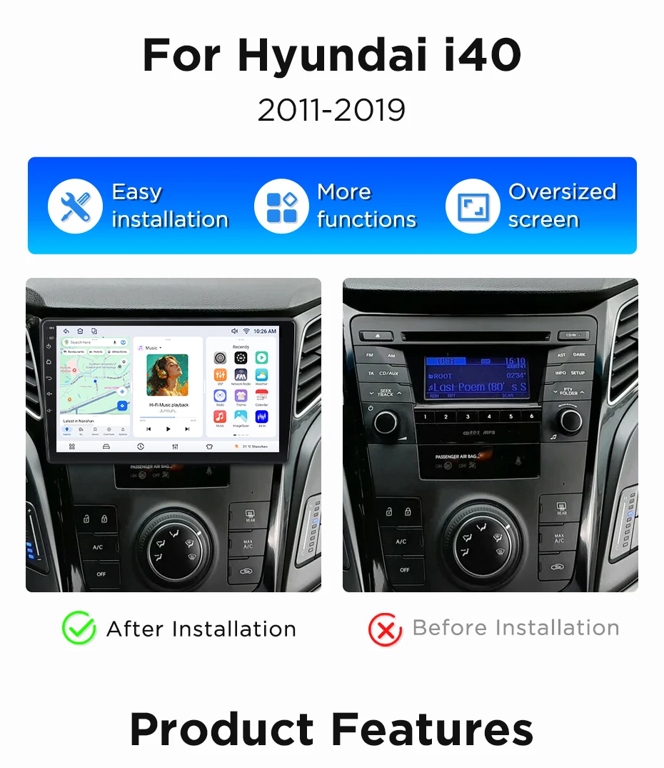 Junsun Wireless CarPlay Android Auto Autoradio für Hyundai i40 2012-2016 Auto-Intelligentes System DSP SWC RDS GPS FM BT – Detail 3