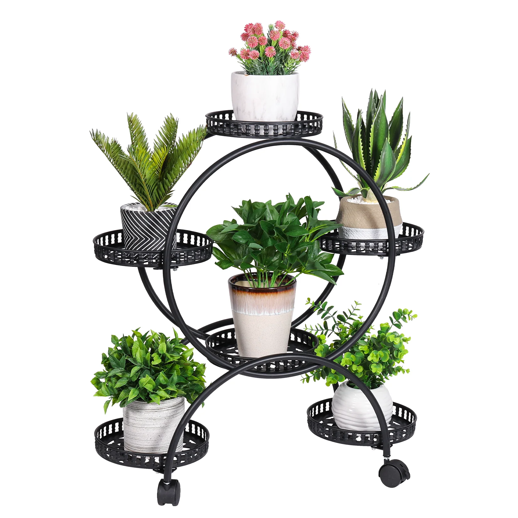 Rolling Metal Plant Stand Flower Storage Shelf Holder with Lockable Wheels