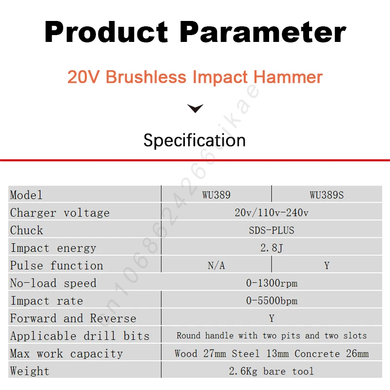 Worx Heavy Duty Cordless Rotary Hammer WU389 WU389S Bare Tool Brushless 20v Imapct 2.8J 5500T/min 1300rpm Share Kress Battery