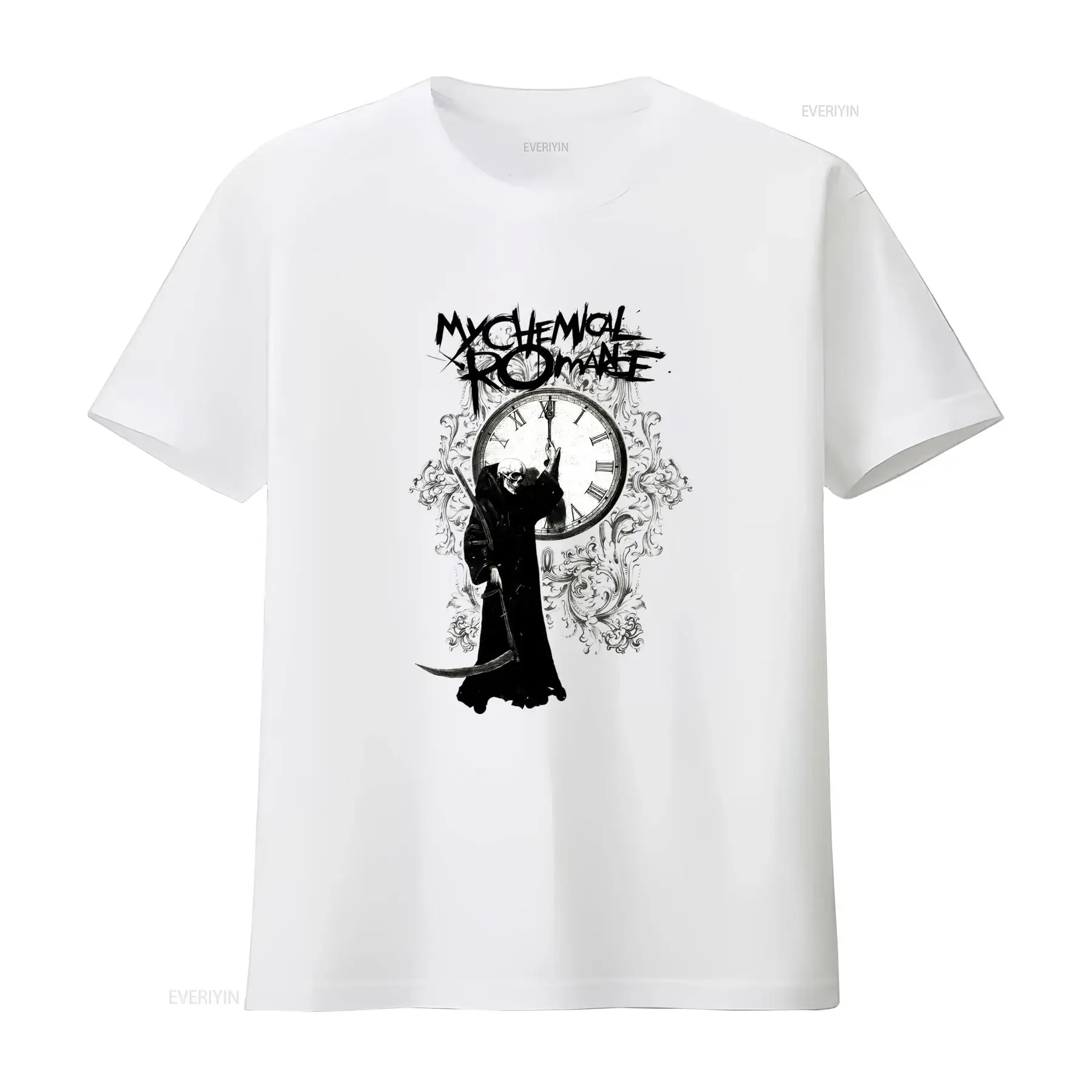 Gothic Dark Streetwear Grim Reaper Skull Vintage Clock Print Casual T Shirt vintage Washed Top For Everyday Wear graphic